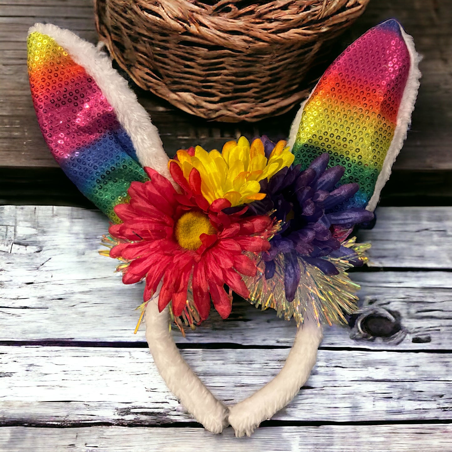 Rainbow Easter Bunny Ears - Rabbit Ears, Handmade Headpiece, Easter Headpiece, Feather Headband, Easter Headband