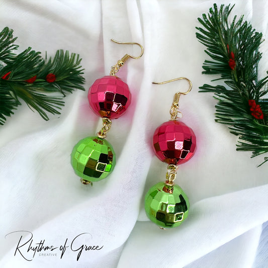 Christmas Earrings - Dangle Earrings, Red and Green, Christmas Disco Ball