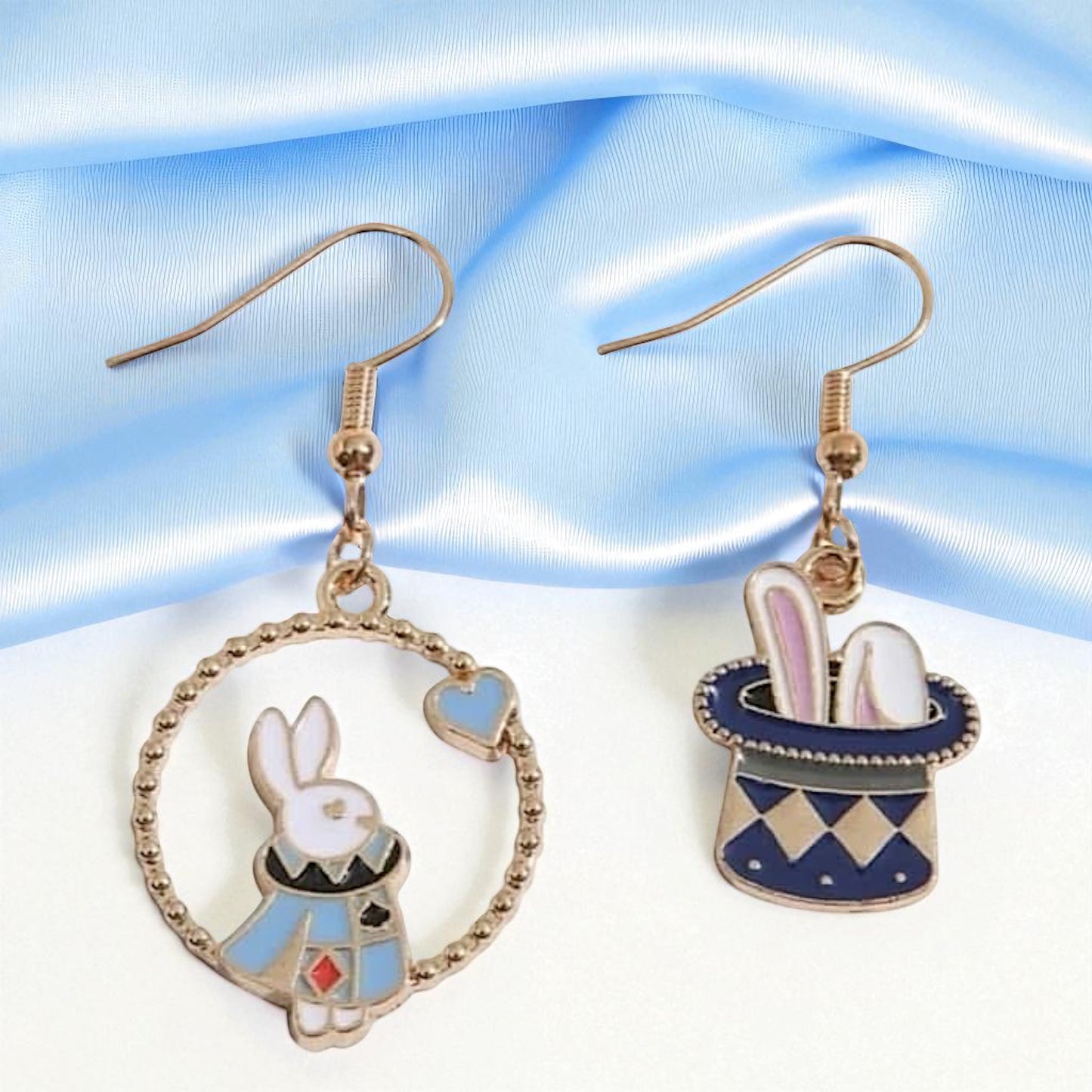 Magical Wonderland Earrings: White Rabbit & Clock Mismatch Dangles