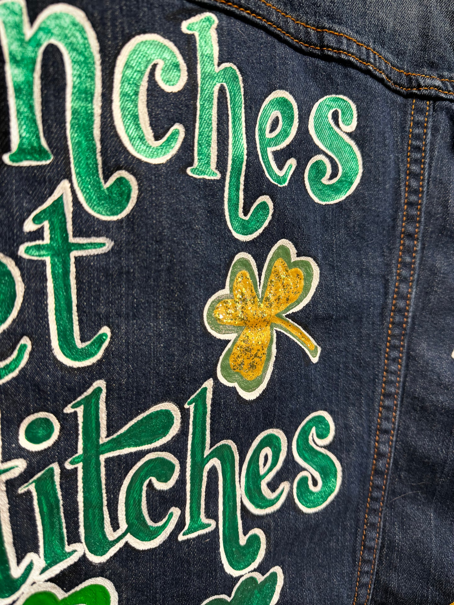 Hand Painted Jean Jacket: “Pinches Get Stitches”, St Patrick’s Day Jacket, Hand Painted, Shamrock