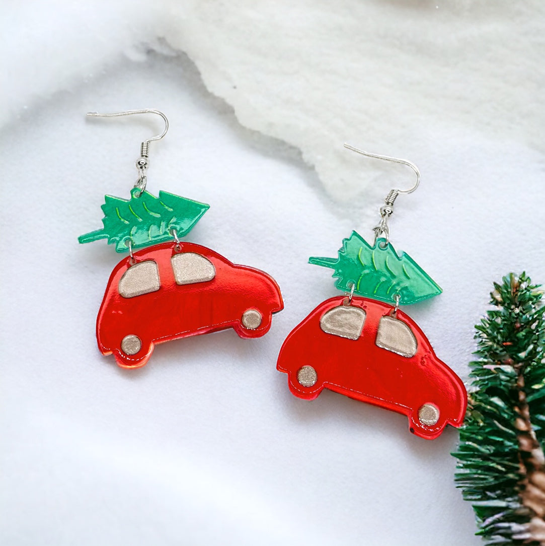 Haulin’ Holiday Cheer Earrings – Red Car with Tree Dangles!🎄