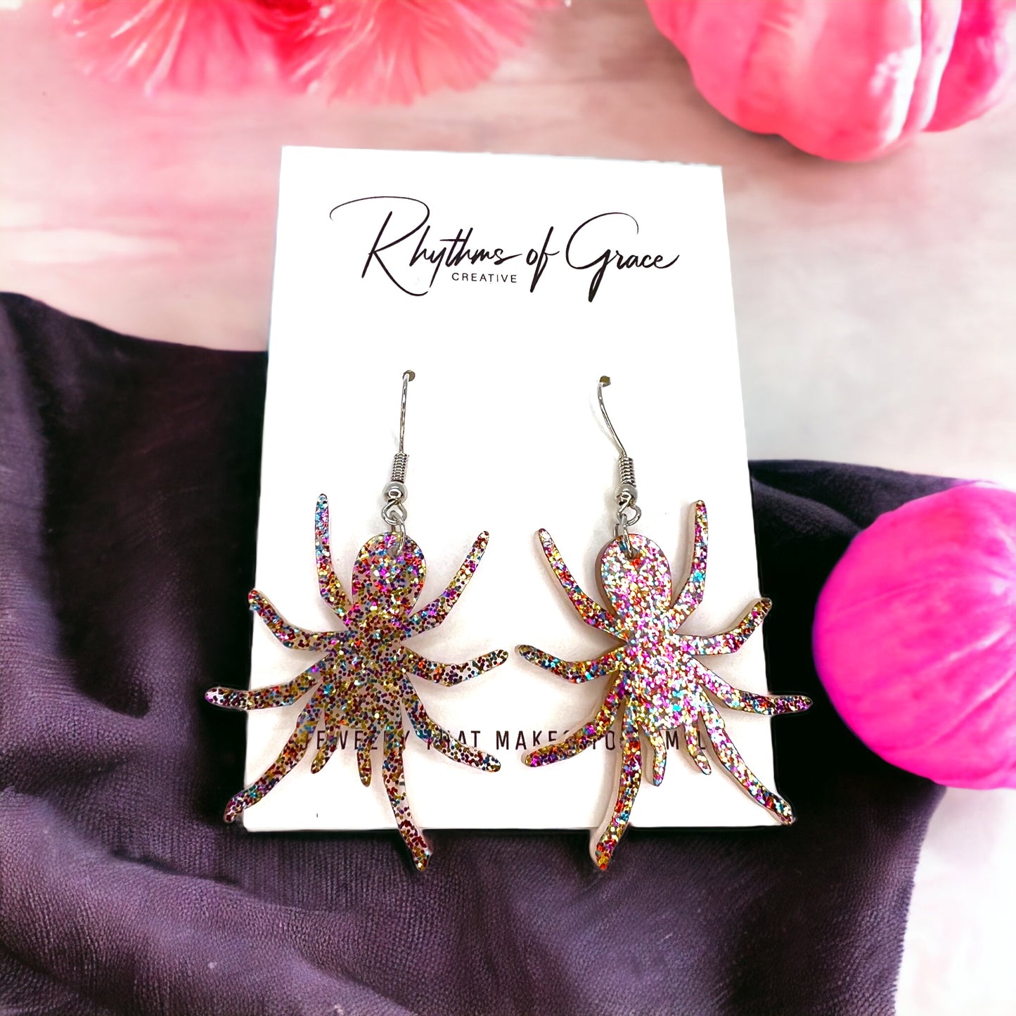 Pink Glitter Spider Earrings - Halloween Earrings, Halloween Accessories , Spoder Accessories, Halloween Costume, Halloween Teacher - Rhythms of Grace Creative