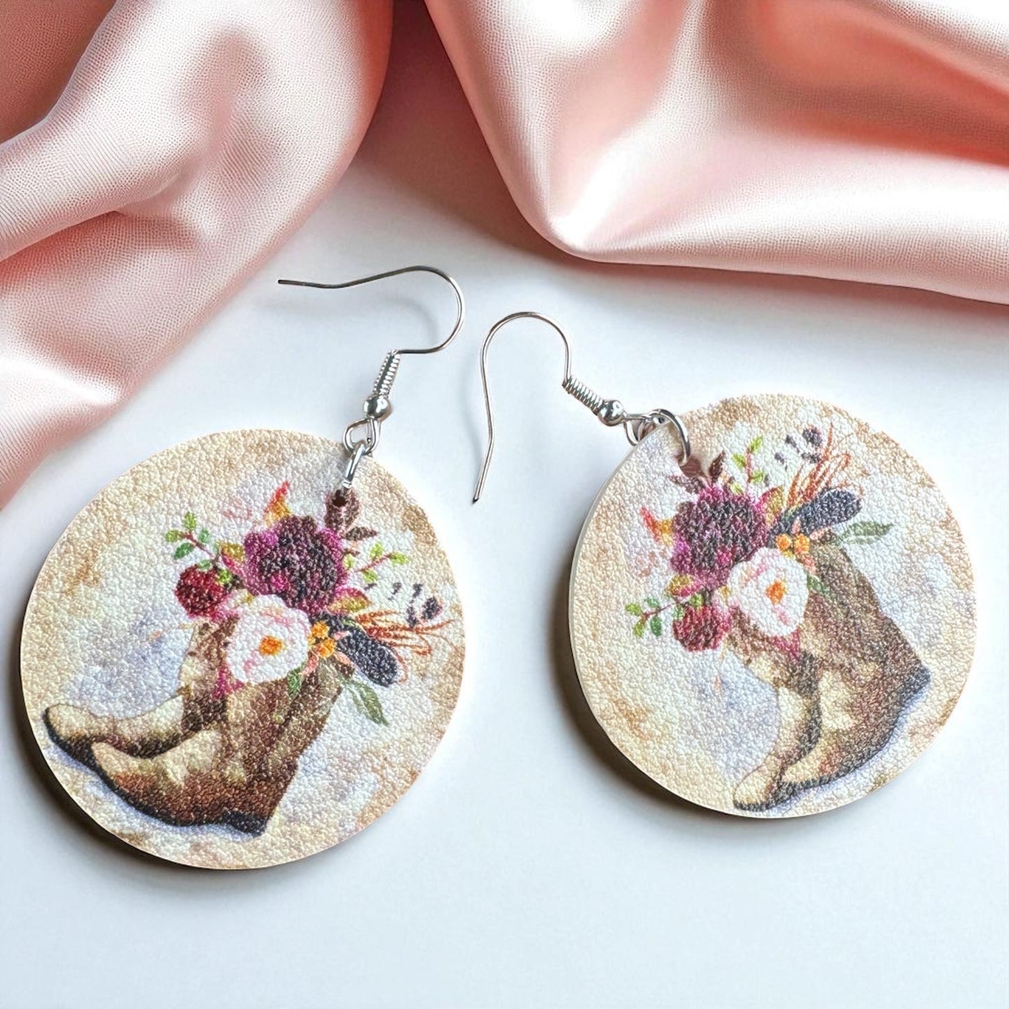 Boots & Blooms: Floral Cowgirl Boot Round Dangle Earrings
