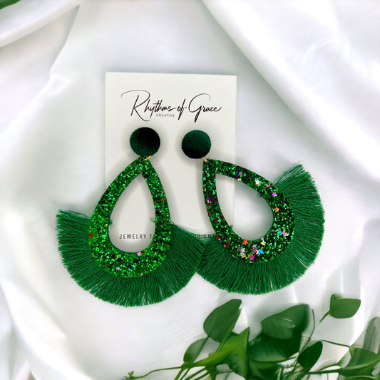 Dazzle in Green: Glitter Fringe Earrings for a Sparkling Statement! - Rhythms of Grace Creative