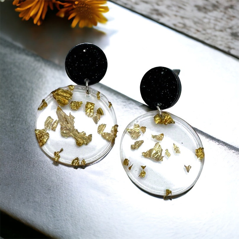 Elegant Gold and Black Acrylic Earrings with Gold Leaf Flecks - Stainless Steel Posts