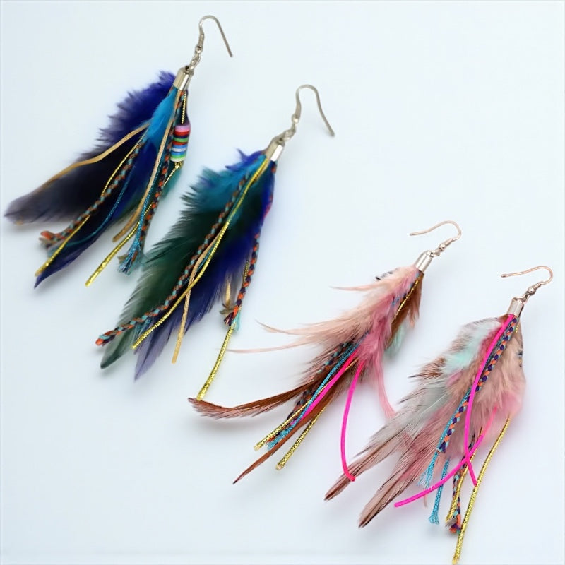 Colorful Boho Chic Feather & Beaded Tassel Dangle Earrings – Two Gorgeous Color Combos!