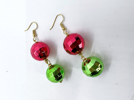 Christmas Earrings - Dangle Earrings, Red and Green, Christmas Disco Ball - Rhythms of Grace Creative