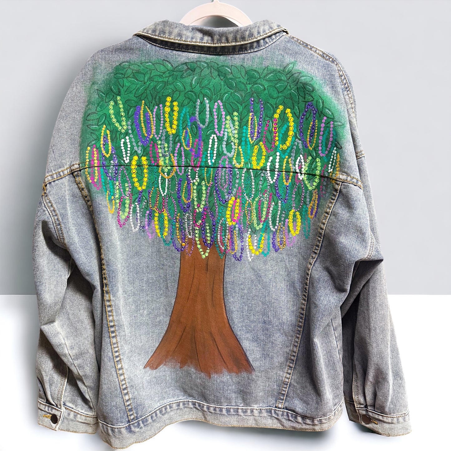 Hand Painted Jean Jacket: “Mardi Gras Bead Tree”