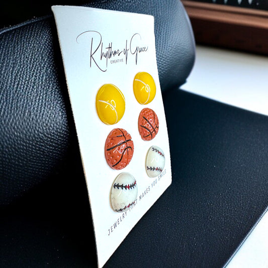 Sporty Sparkle Trio: Baseball, Tennis & Basketball Stud Earrings Set!
