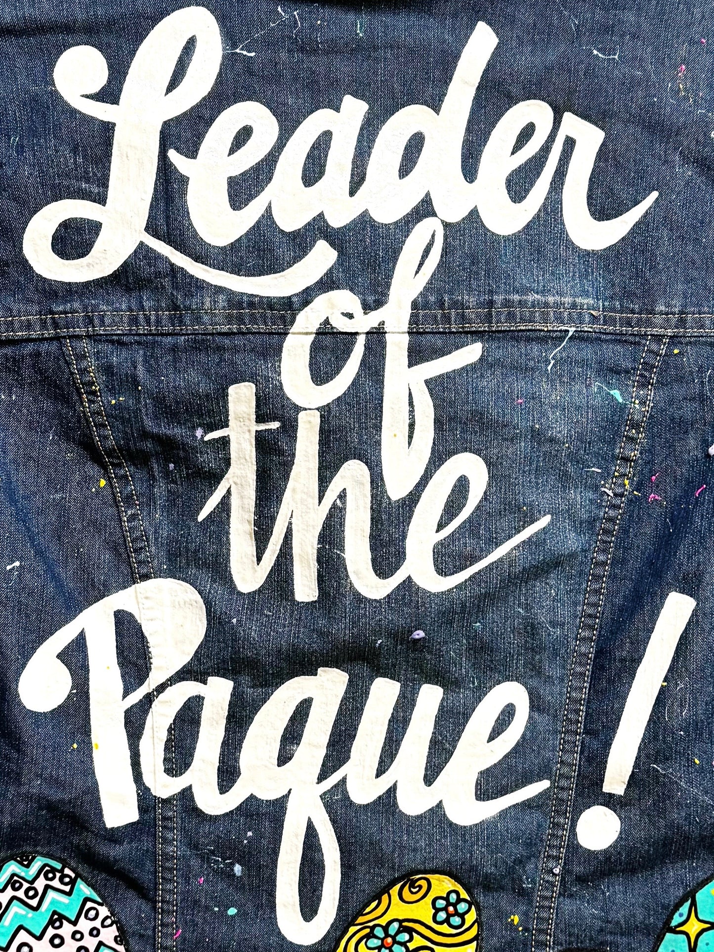 Hand Painted Jean Jacket: “Leader of the Paque”  - Cajun Jacket, Easter Jacket, New Orleans, Happy Easter, Egg Paqueing