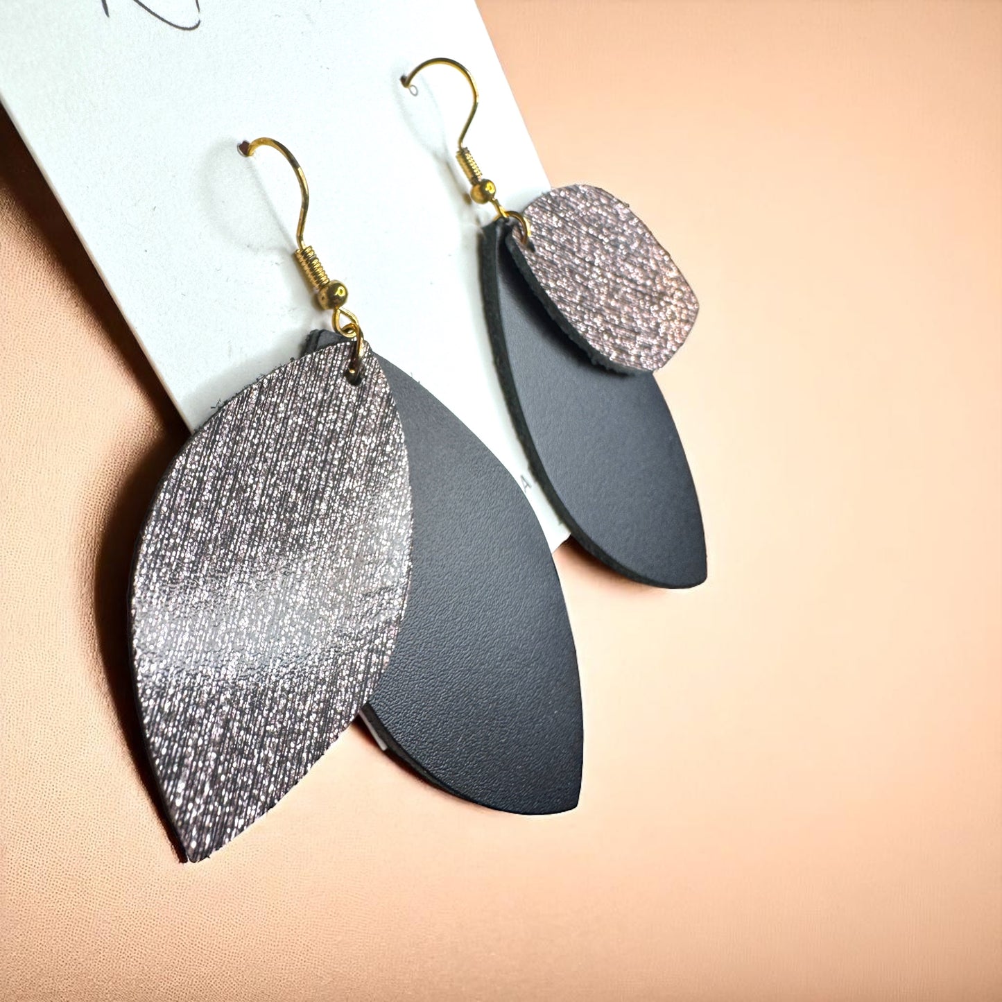 Spark Up Your Style: Chic Black Layered Leather Earrings - Gold or Silver Accent!