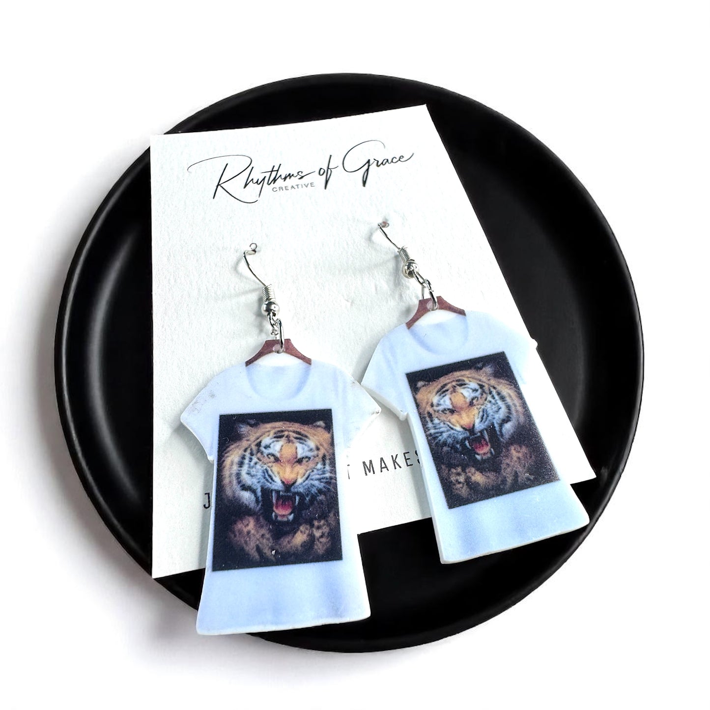Tiger T-shirt Earrings - Tiger Earrings, Crazy Cat Lady, Tigers Football, Animal Lover, Vet Tech, Veterinarian Gift, Fur Mom, Tiger Shirt - Rhythms of Grace Creative