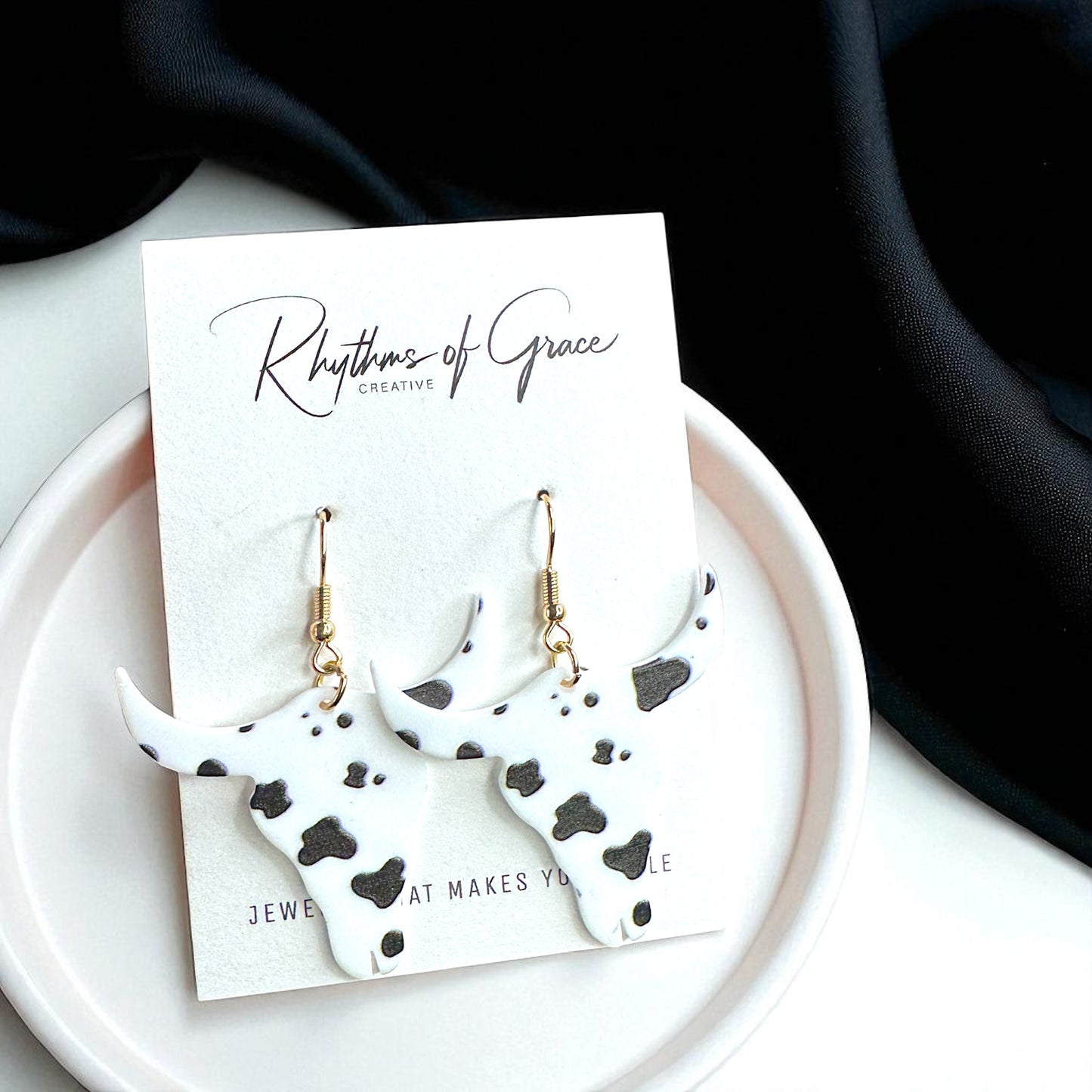 Cow Print Longhorn Dangle Earrings – Western Chic Meets Rodeo Glam!