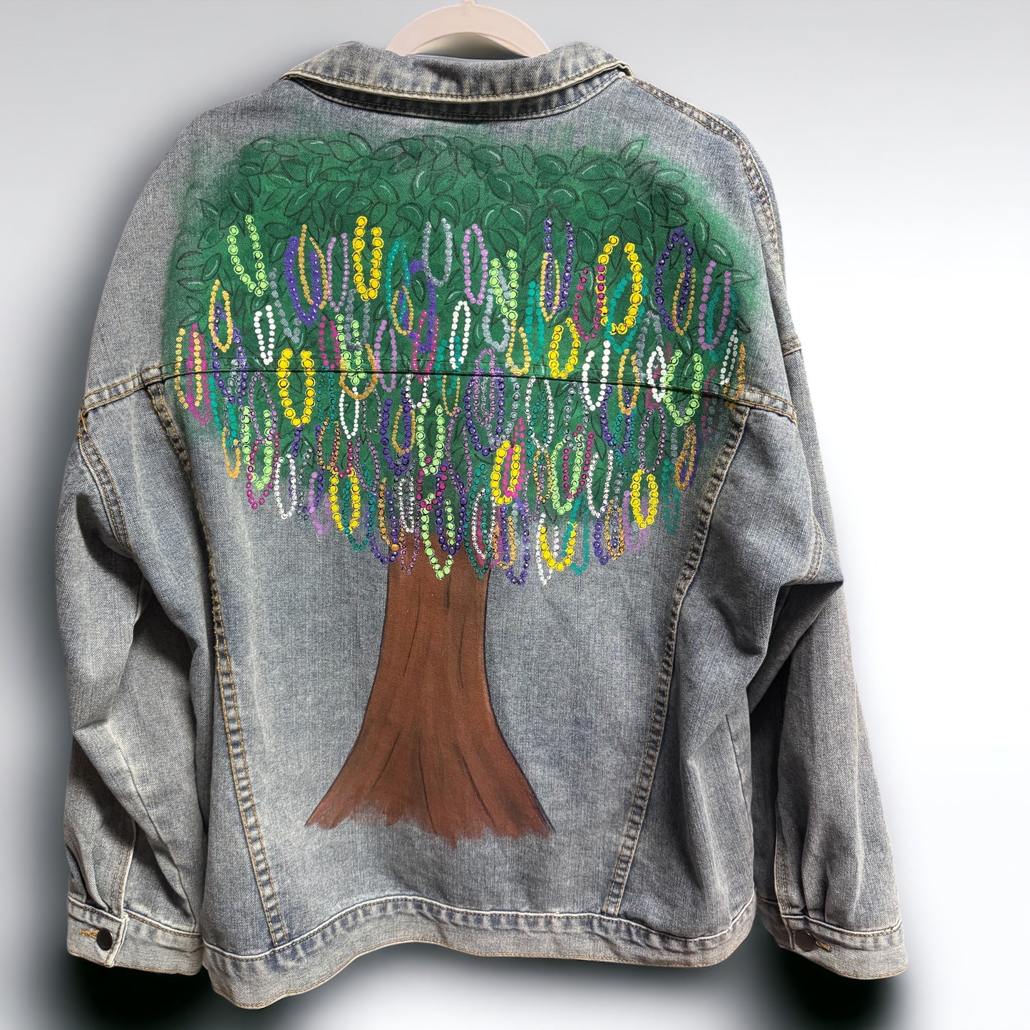 Hand Painted Jean Jacket: “Mardi Gras Bead Tree”
