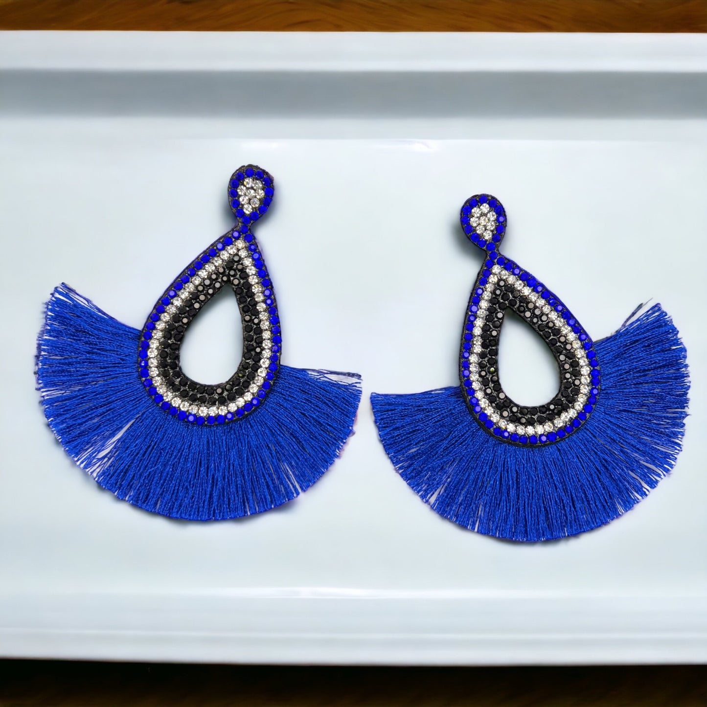 Blue and Black Earrings - Blue Accessories, Rhinestone Earrings, Blue and White Rhinestones, Fringe Earrings