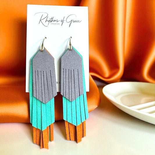 Tri-Colored Fringe Leather Dangle Earrings – Bold, Western & Totally WOW