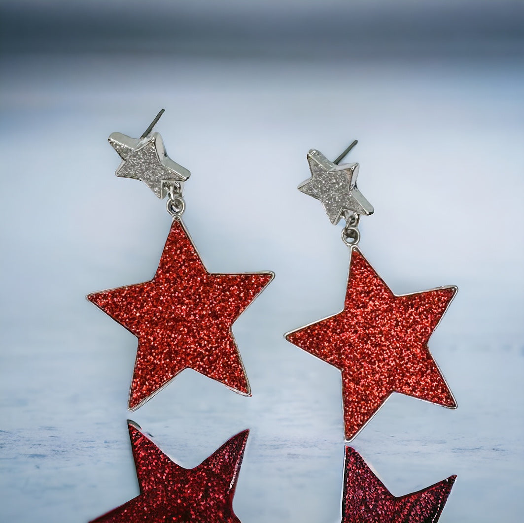 Patriotic Sparkly Star Earrings - Glitter and Enamel Statement Jewelry