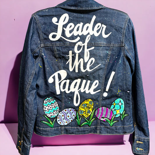 Hand Painted Jean Jacket: “Leader of the Paque”  - Cajun Jacket, Easter Jacket, New Orleans, Happy Easter, Egg Paqueing