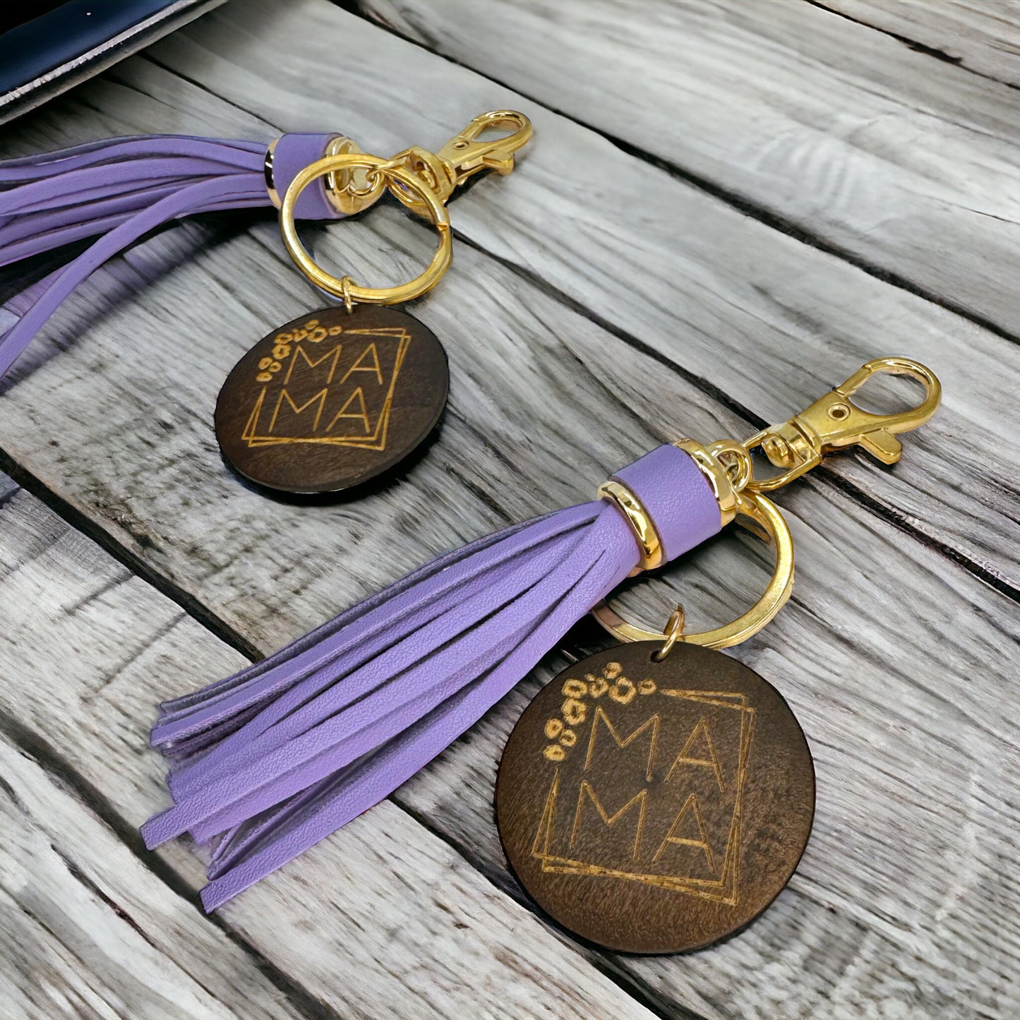 Rustic Wooden Mom Key Chain with Lavender Tassel