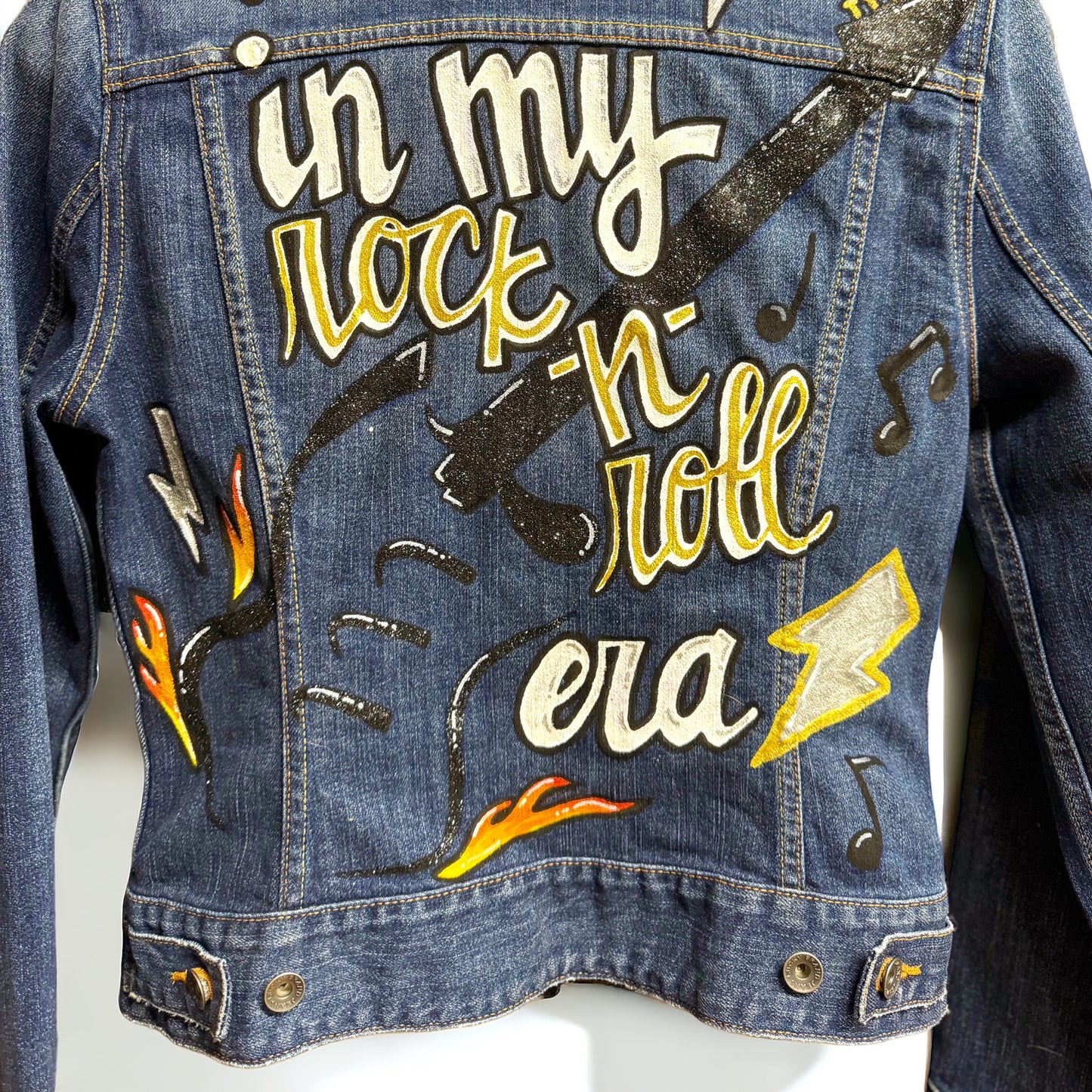 Hand Painted Jean Jacket: “In My Rock-n-Roll Era” - Eras Tour, Mardi Gras, Jazz Feat, New Orleans, Music Concert, Festival, Parade Outfit