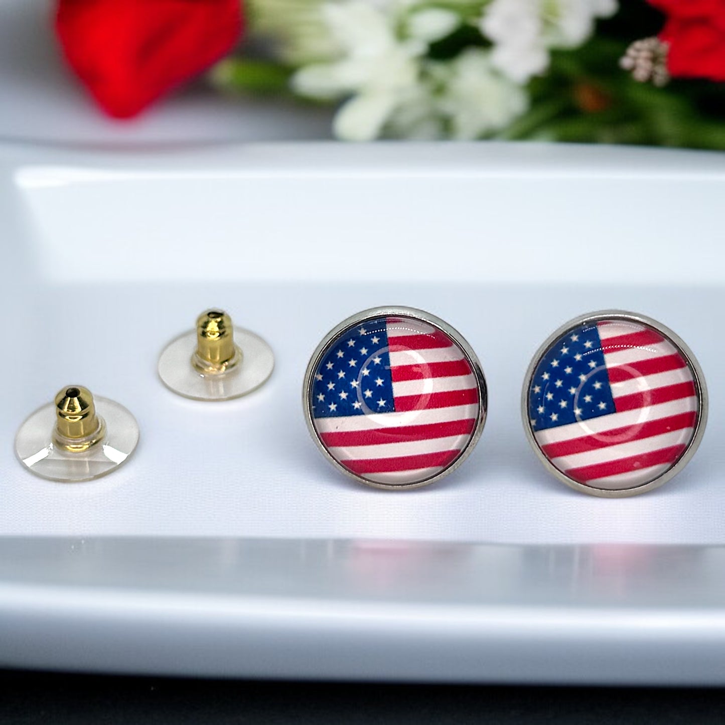 Patriotic Sparkle: American Flag Cabochon Studs!