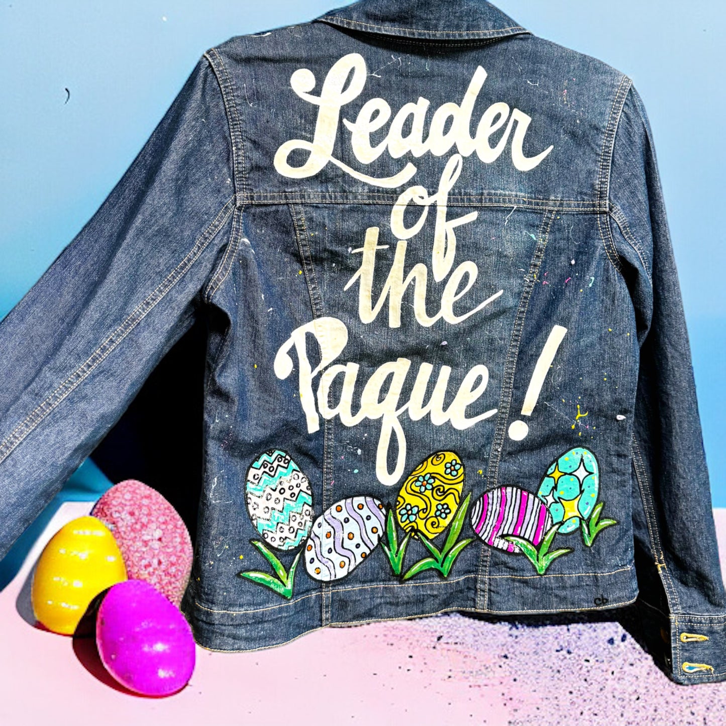 Hand Painted Jean Jacket: “Leader of the Paque”  - Cajun Jacket, Easter Jacket, New Orleans, Happy Easter, Egg Paqueing