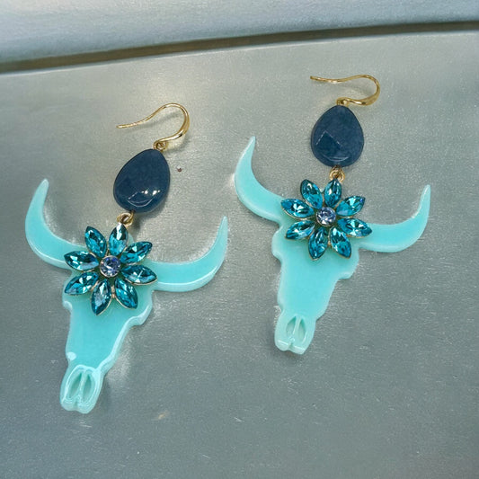 Striking Blue/Teal Longhorn Dangle Earrings - Versatile Western Style Statement Jewelry