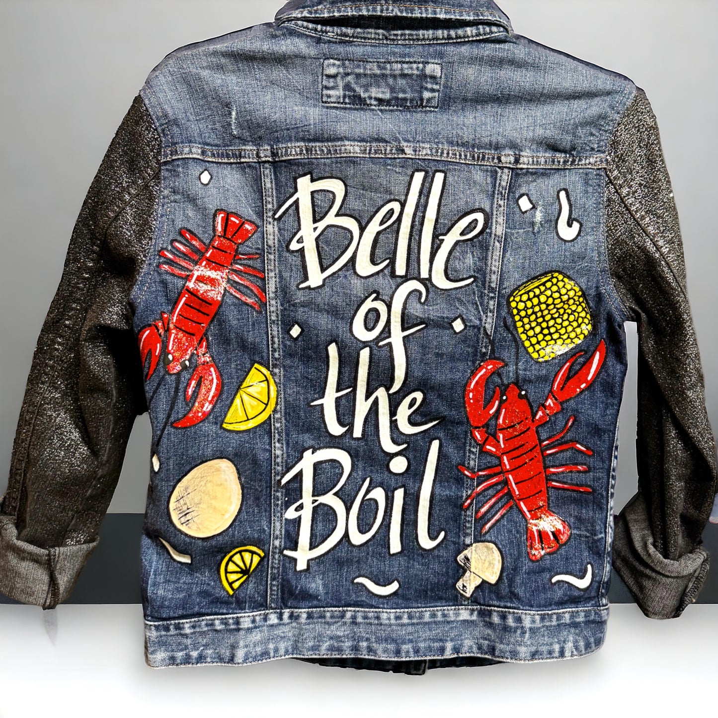 Hand Painted Jean Jacket: “Belle of the Boil” - Mardi Gras, Painted Jacket, New Orleans, Crawfish Boil, Easter Jacket, Belle of the Boil, Mudbug