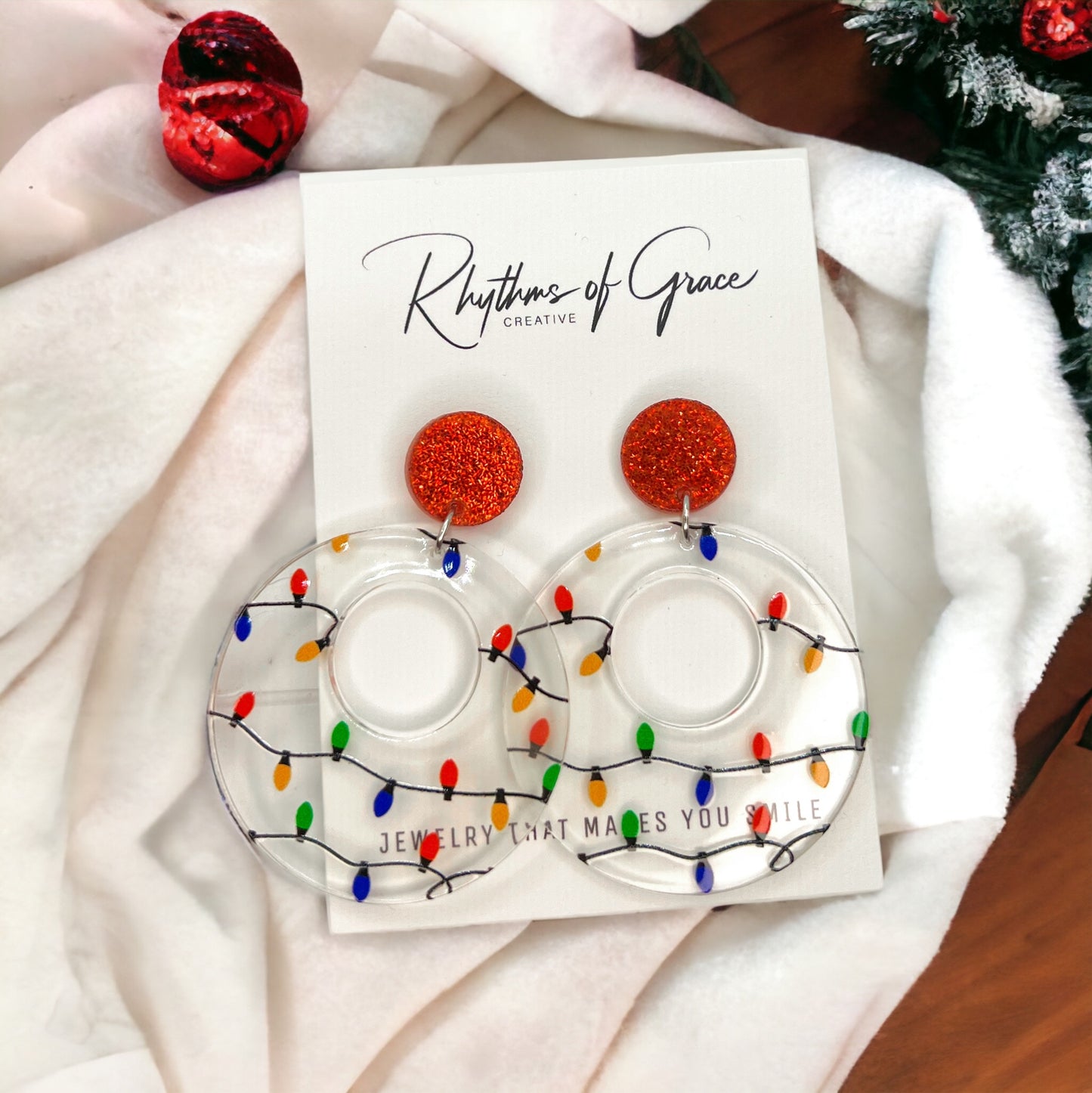 Christmas Earrings - Christmas Lights, Unique Earrings, Christmas Jewelry, Handmade Earrings, Holiday Lights, Secret Santa, Light Bulb - Rhythms of Grace Creative