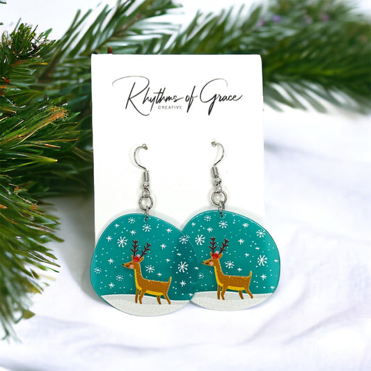 Blue Reindeer Earrings - Christmas Earrings, Reindeer Costume, Christmas Jewelry, Handmade Earrings, Rudolph the Red Nosed Reindeer, Rudolph