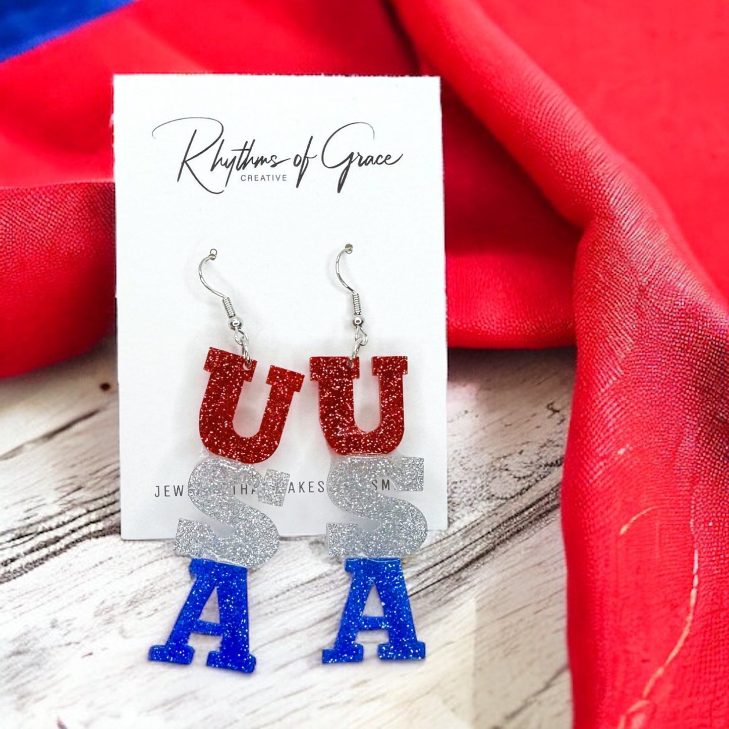 Sparkling USA Glitter Acrylic Dangle Earrings - Patriotic Statement Jewelry
