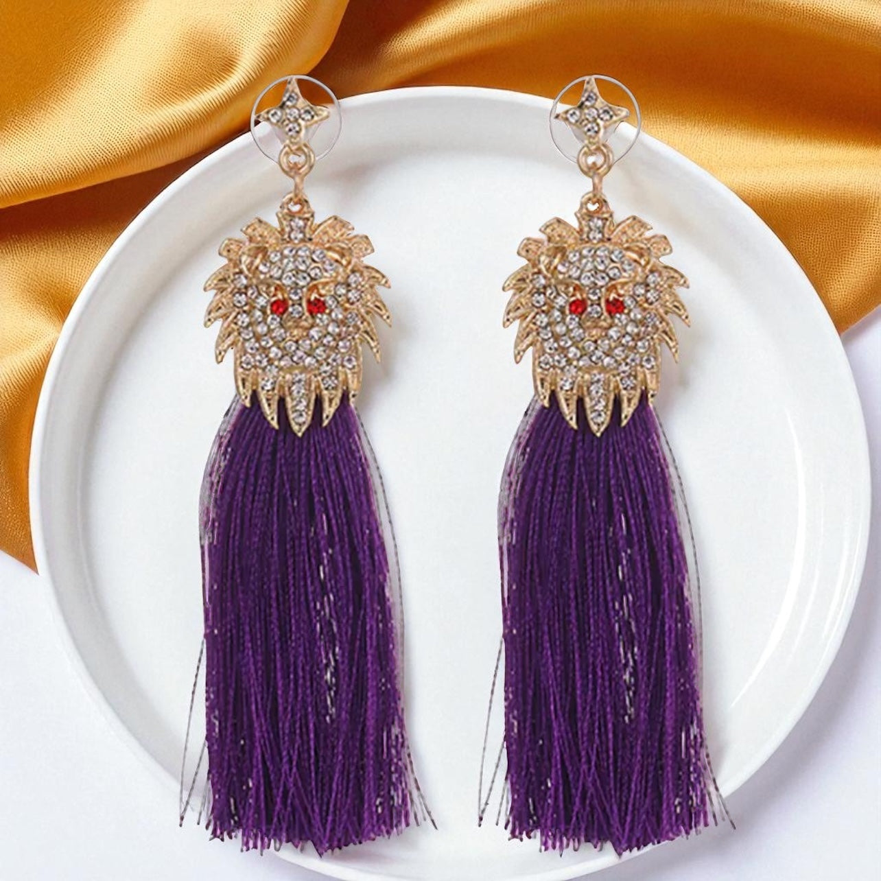 Rhinestone Lion Tassel Dangle Earrings - Available in Three Colors!