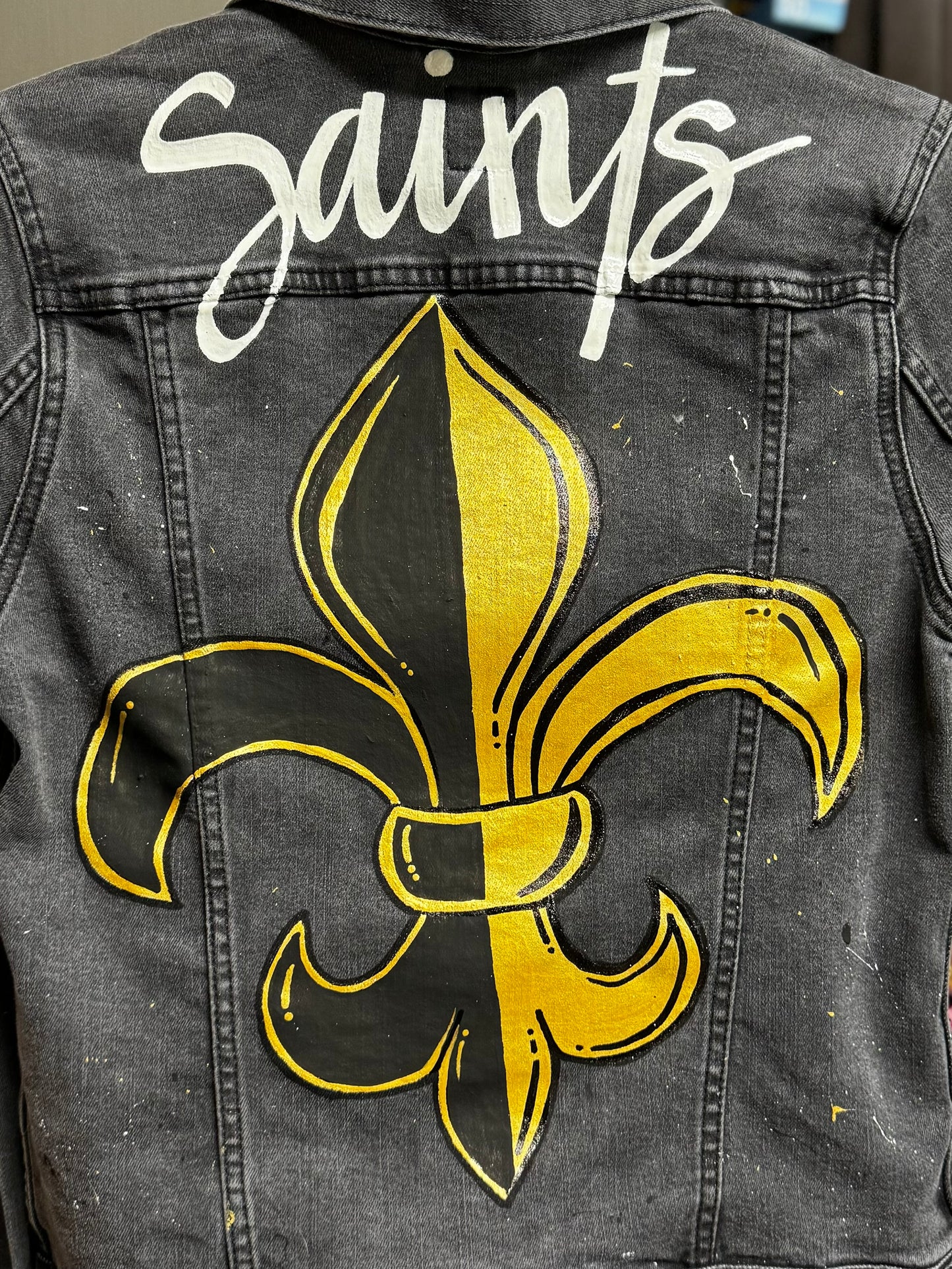 Hand Painted Jean Jacket:”Saints”, New Orleans Jacket, Hand Painted, NOLA Saints, Louisiana