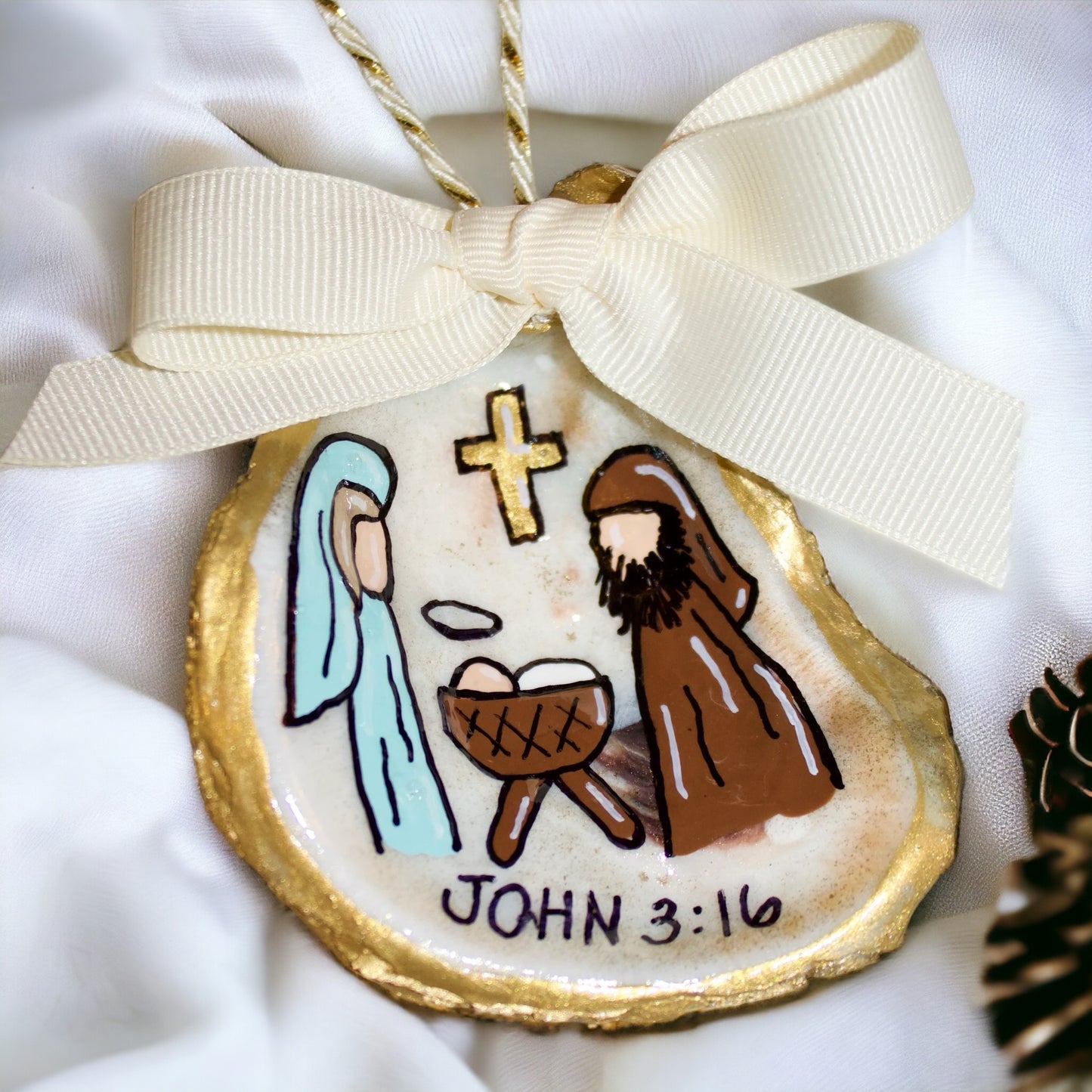 Hand-Painted Oyster Shell Christmas Ornament: "John 3:16"