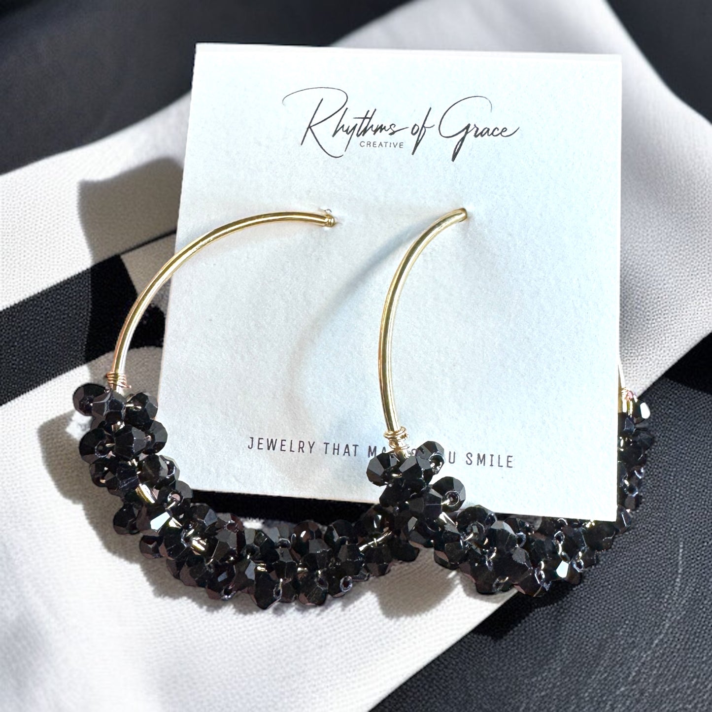 Chic Elegance: Black & Gold Beaded Hoop Earrings