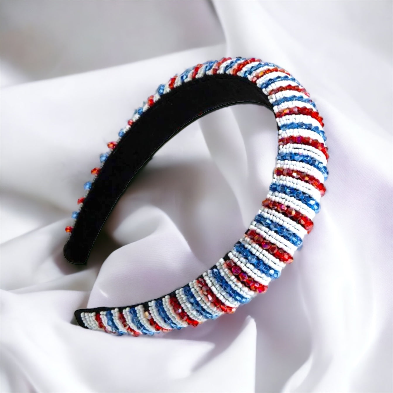 Beaded Patriotic Headband - Handmade Headpiece, Red White and Blue, Stars and Stripes, Military Mom - Rhythms of Grace Creative
