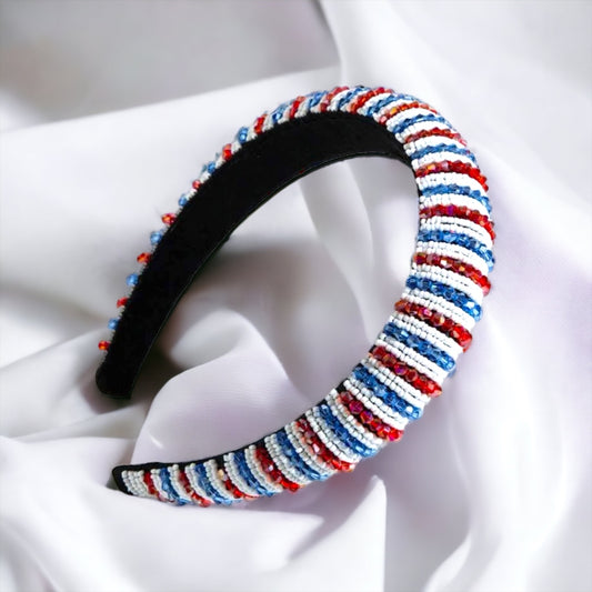 Beaded Patriotic Headband - Handmade Headpiece, Red White and Blue, Stars and Stripes, Military Mom