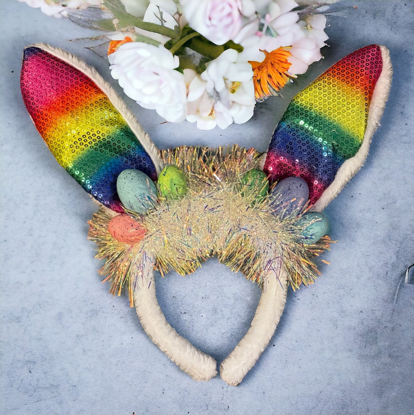 Rainbow Easter Bunny Ears - Rabbit Ears, Handmade Headpiece, Easter Headpiece, Feather Headband, Easter Headband