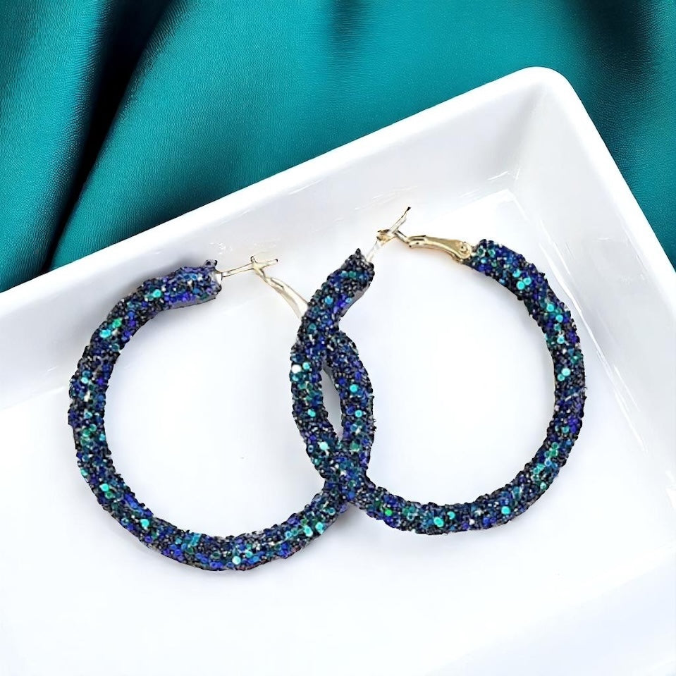 Shimmering Elegance: Blue and Green Glitter Hoops