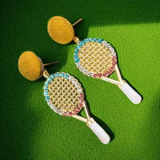 Sparkle on the Court with Our Rhinestone Tennis Racket Dangle Earrings! 🎾