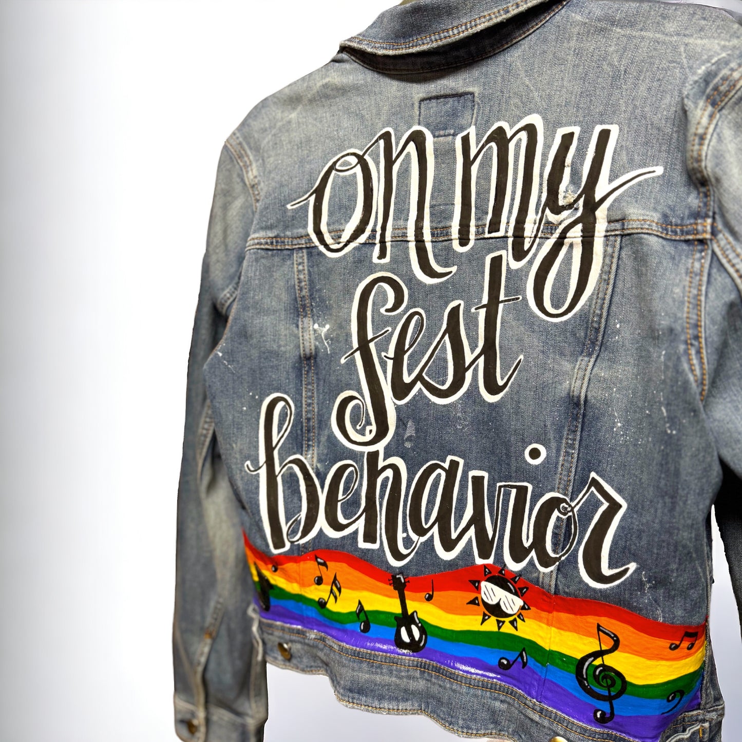 Hand Painted Jean Jacket: “On My Fest Behavior”, Jazz Fest, Festival, Hand Painted, Music Concert, Rainbow Jacket