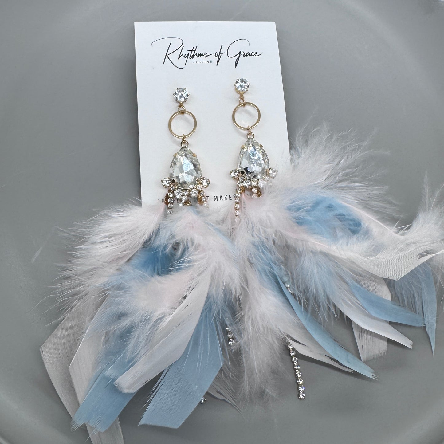 Dreamy Pink & Blue Feather Earrings – Rhinestone Dangles for Boho Queens