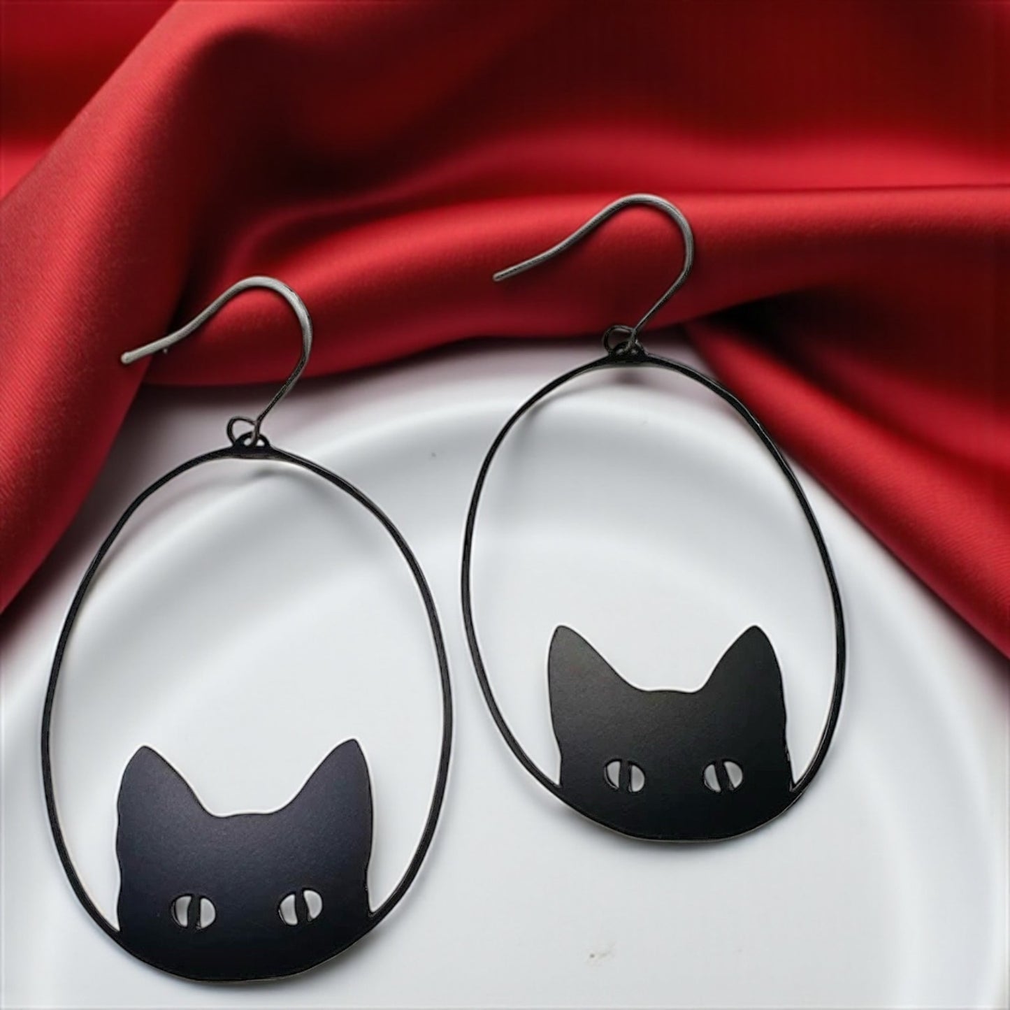 Oversized Black Metal Cat Dangle Earrings - Embrace Your Inner Feline!