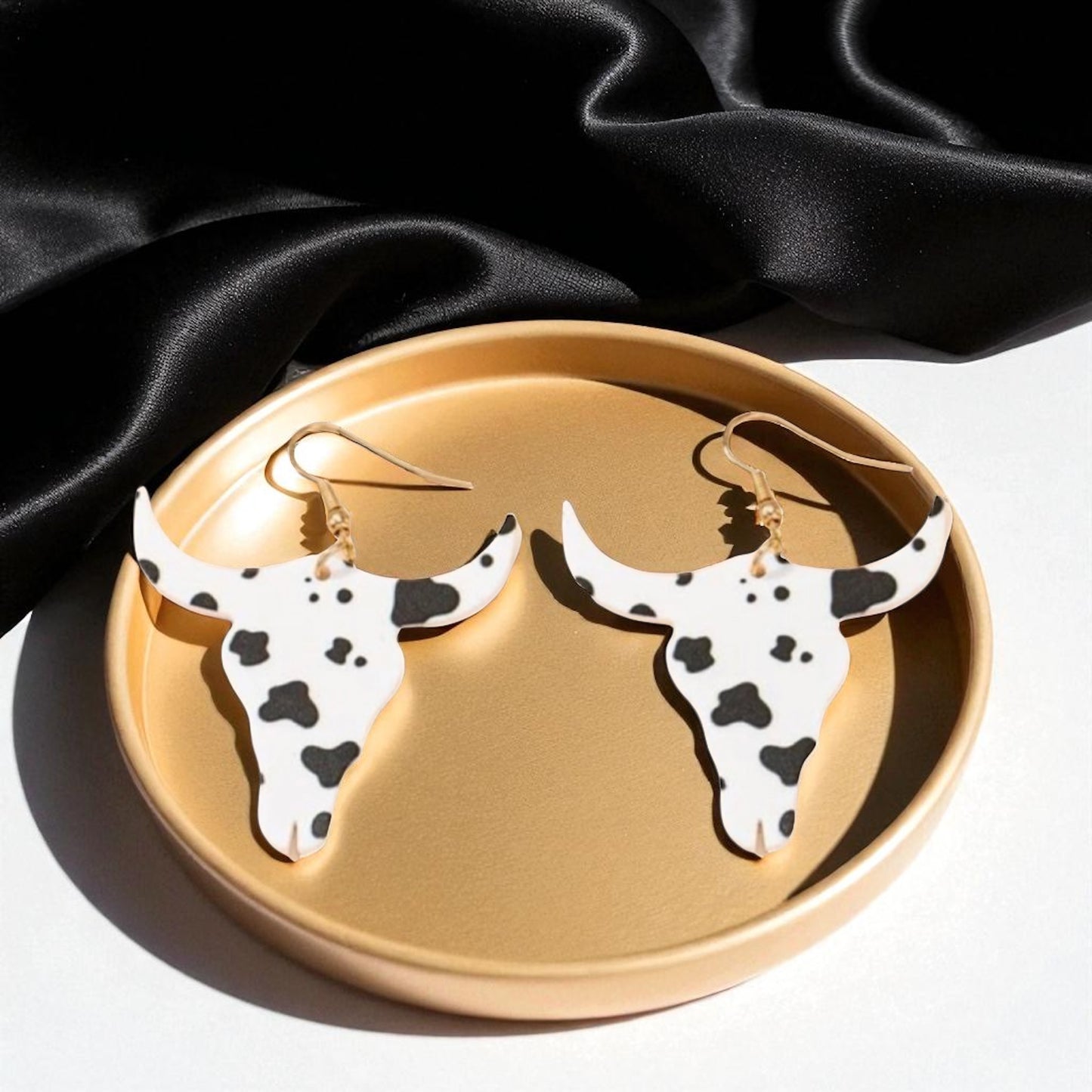 Cow Print Longhorn Dangle Earrings – Western Chic Meets Rodeo Glam!