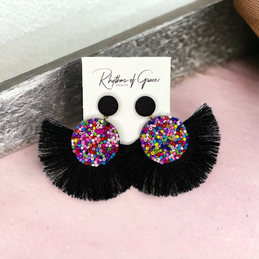 Beaded Tassel Earrings - Beaded Earrings, Beaded Accessories, Black Earrings, Rainbow Earrings