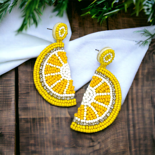 Beaded Lemon Earrings - Fruit Earrings, Handmade Jewelry, Lemon Jewelry, Food Earrings, Lemonade