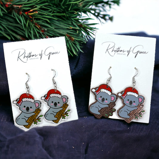 Koala Earrings - Christmas Earrings, Koala Christmas, Christmas Jewelry, Christmas Jewelry, Handmade Earrings, Santa Hat, Koala Santa