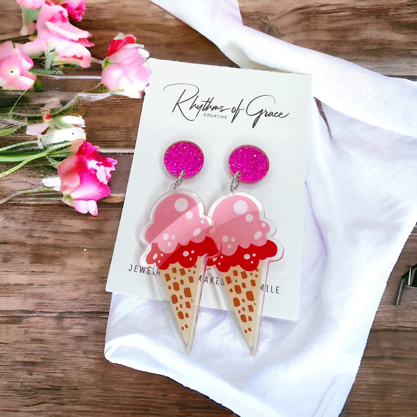 Ice Cream Earrings - Ice Cream Cone, Birthday Earrings, Handmade Jewelry, Ice Cream Jewelry, Food Earrings