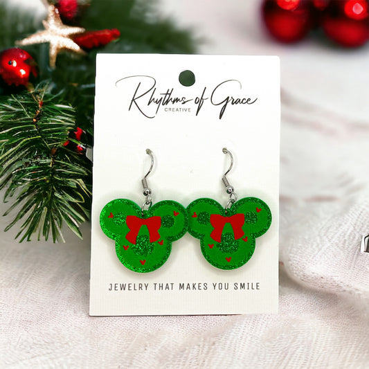 Christmas Mouse Earrings - Mouse Ears, Christmas Accessories , Christmas Earrings, Red and Green, Wreath Earrings