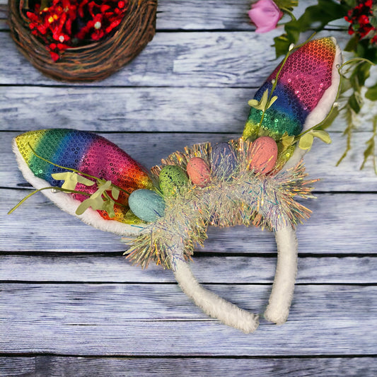 Rainbow Easter Bunny Ears - Rabbit Ears, Handmade Headpiece, Easter Headpiece, Feather Headband, Easter Headband